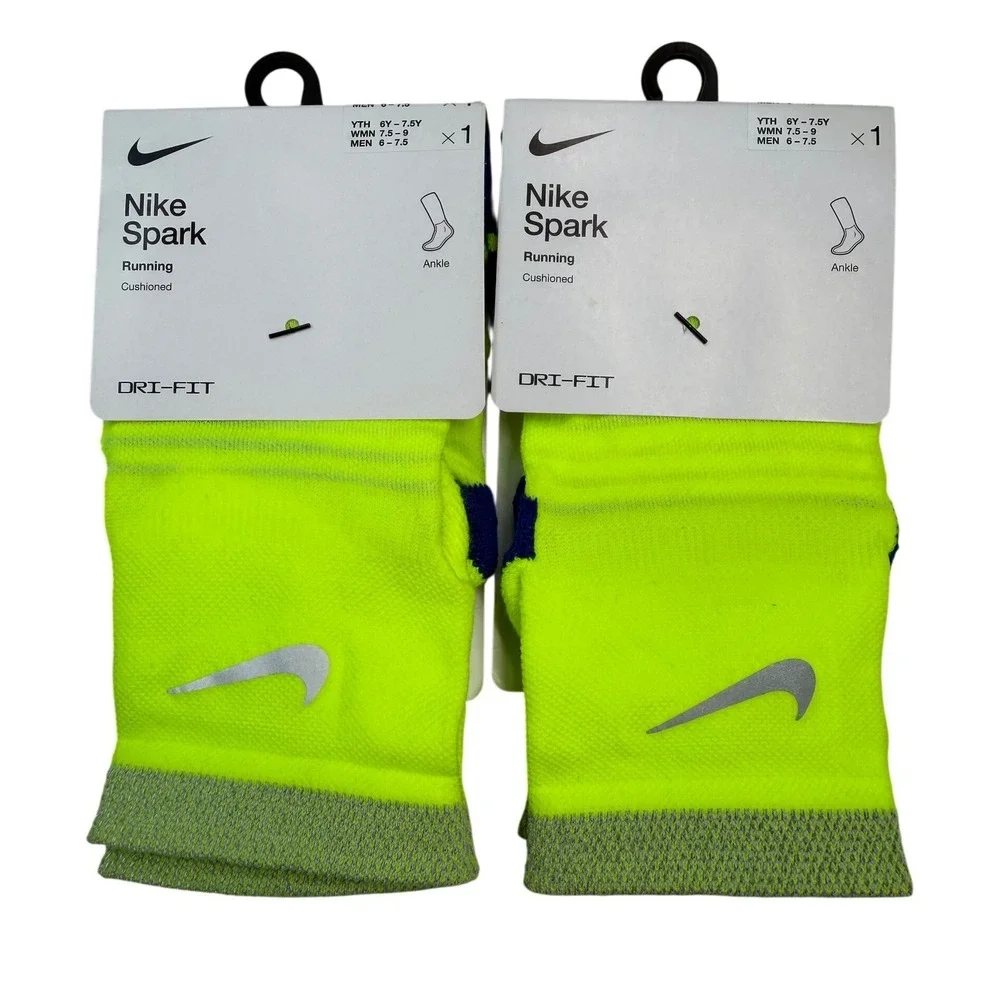 2pk Nike Spark Running Ankle Socks Volt Yellow Blue Dri-FIT M 8-9.5 W 9.5-11